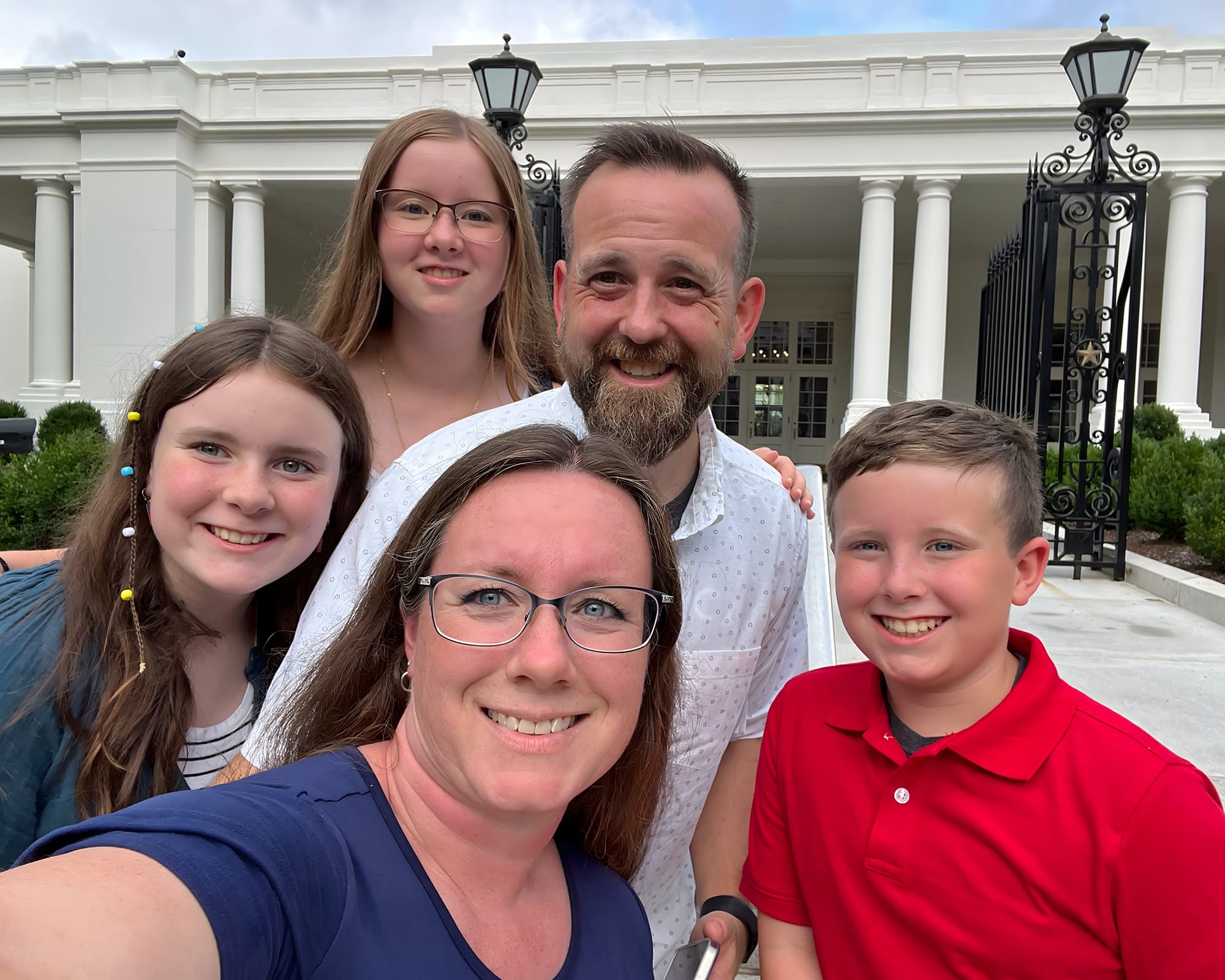 Jeff Alldridge with his family at The White House in July 2025. Celebrating son Sterling (17, not pictured) as Idaho’s representative in The American Legion’s Boys Nation program. Pictured: wife Rene, and children Reagan (15), Scarlett (12), and Malachi (9).